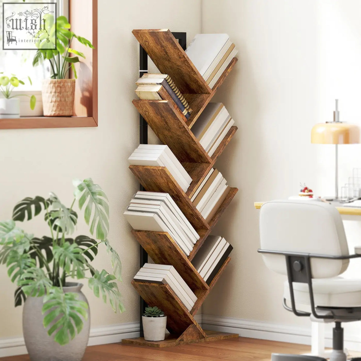 Homcom eight-section tree bookcase with a zigzag design made of robust particle board and black metal supports