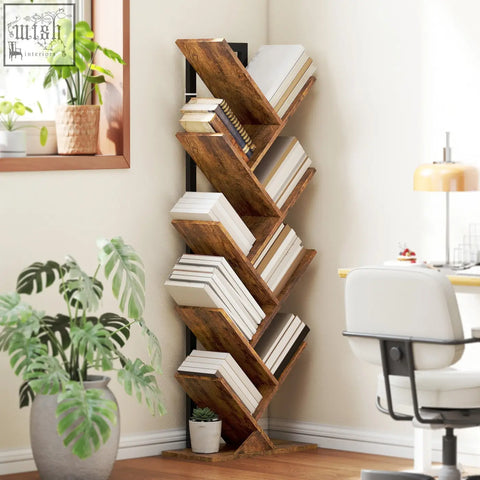 Homcom eight-section tree bookcase with a zigzag design made of robust particle board and black metal supports