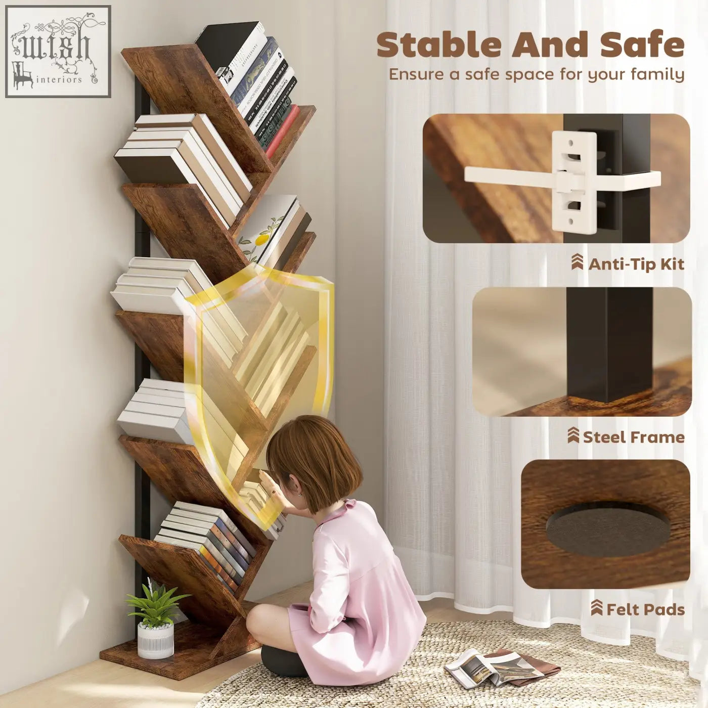 Rustic brown particle board bookshelf with black steel frame and felt pads featuring eight sections for stable storage