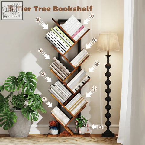Homcom eight-section tree bookcase with nine tiers dark wood finish and robust particle board angled shelves for books