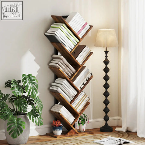 Dark brown wood-effect eight-section zigzag bookshelf made of robust particle board holding colorful books