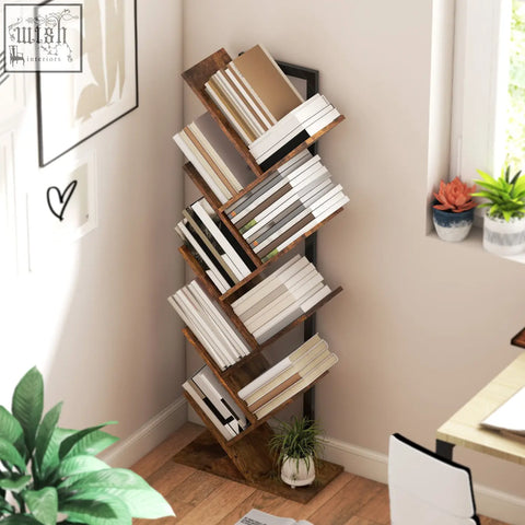 Rustic homcom eight-section tree bookcase with angled shelves and black metal frame made of robust particle board