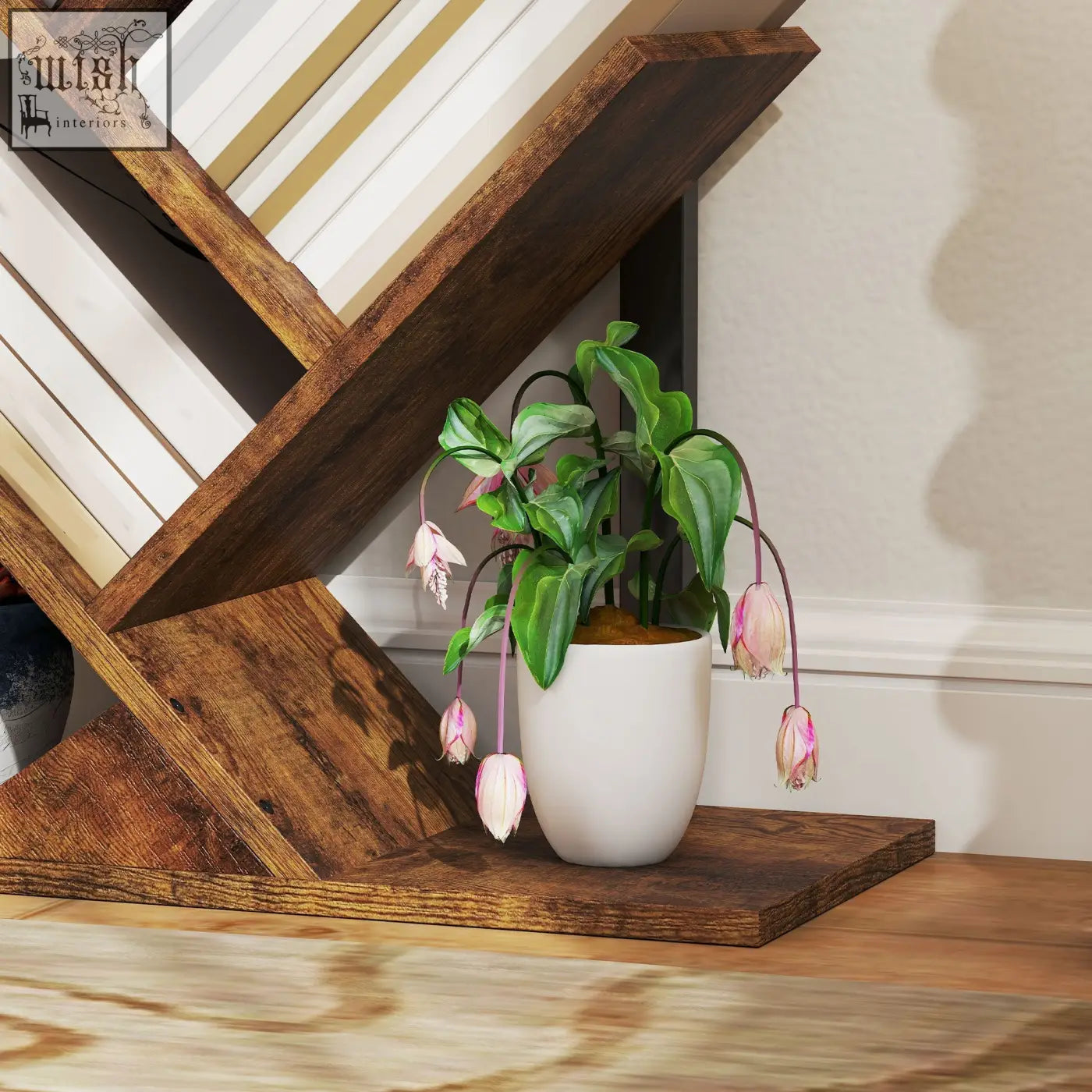 A white ceramic planter with green leaves and pink flowers on a wood effect homcom eight section tree bookcase made of robust particle board