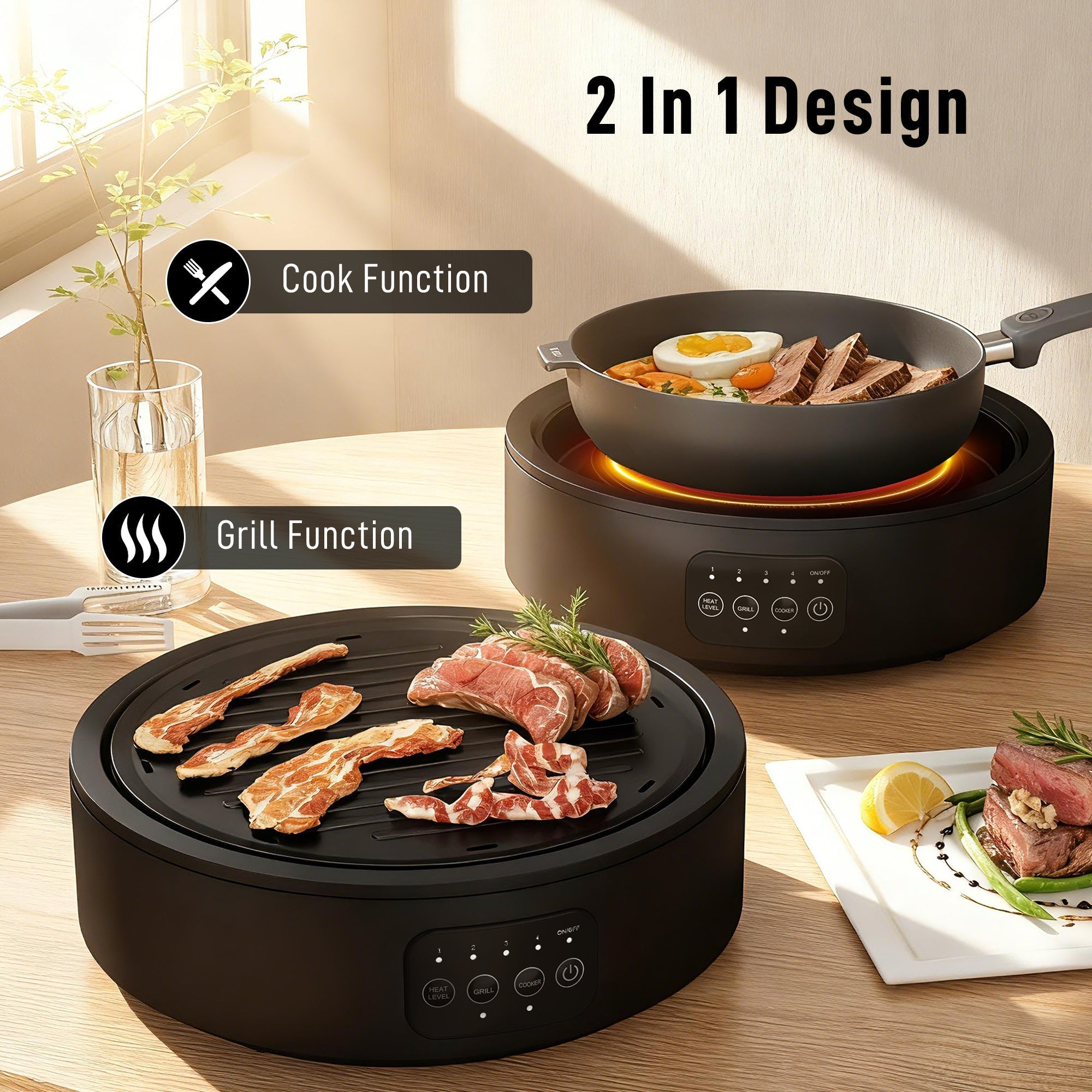 Black 2-in-1 ceramic hob with smooth glass surface and built-in grill plus grease collector pan by HOMCOM