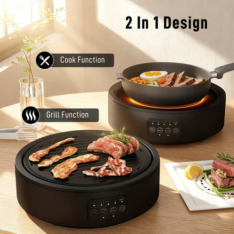 Black 2-in-1 ceramic hob with smooth glass surface and built-in grill plus grease collector pan by HOMCOM