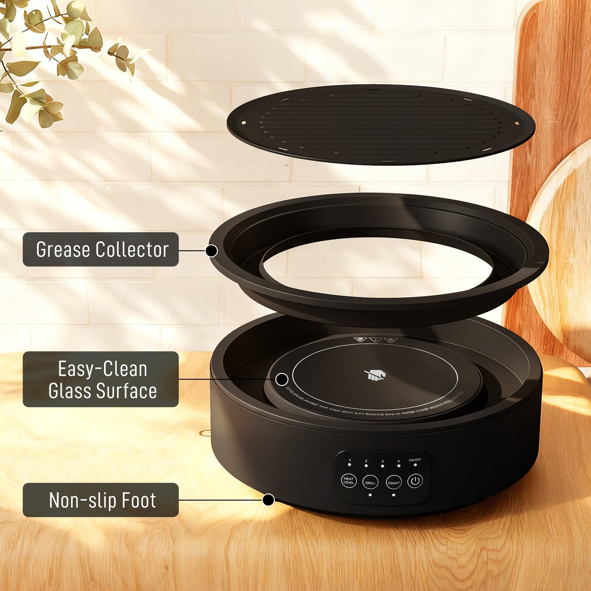 Black circular homcom electric ceramic hob with smooth glass surface and removable grease collector pan