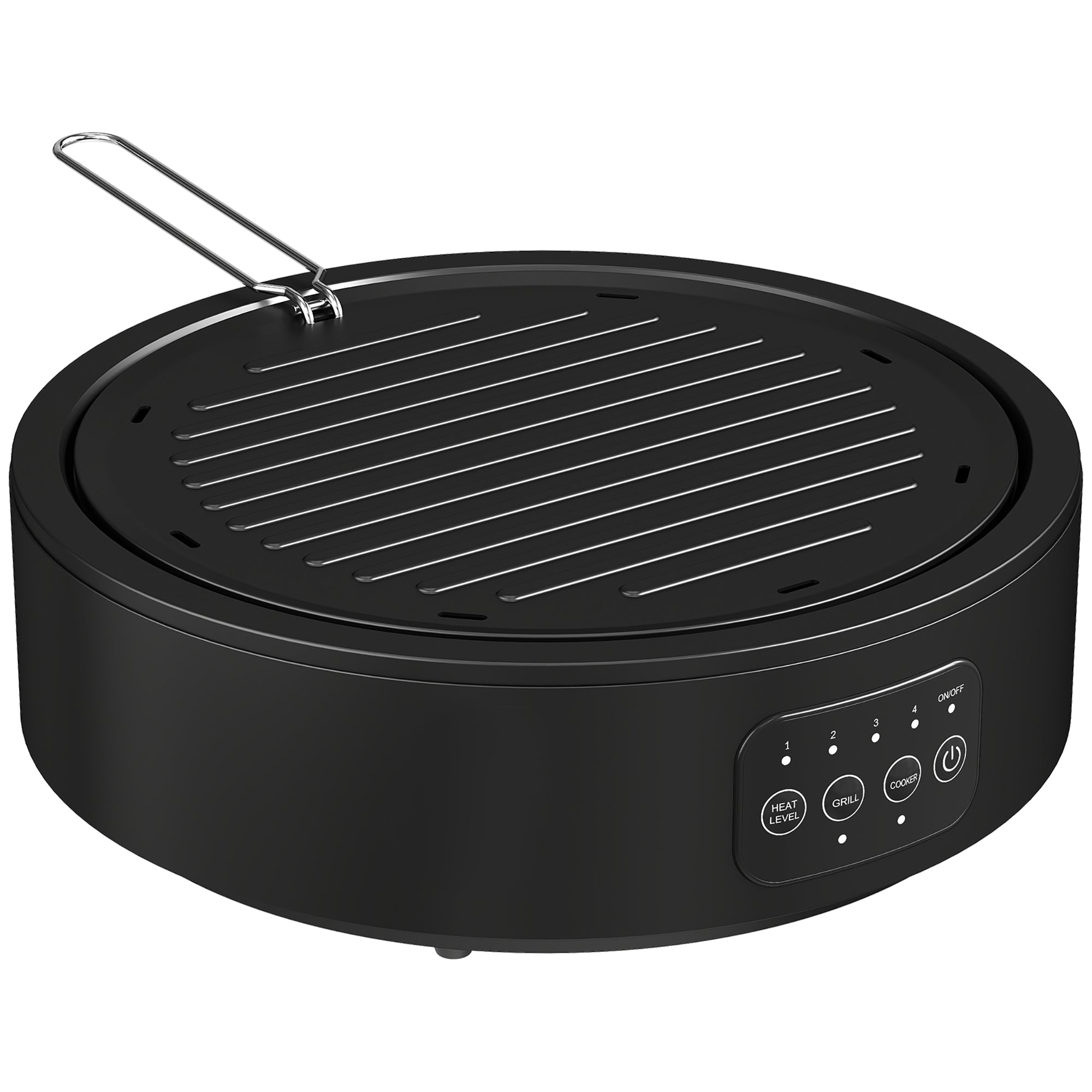Black circular homcom electric ceramic hob with ribbed grill plate control panel and grease collector pan
