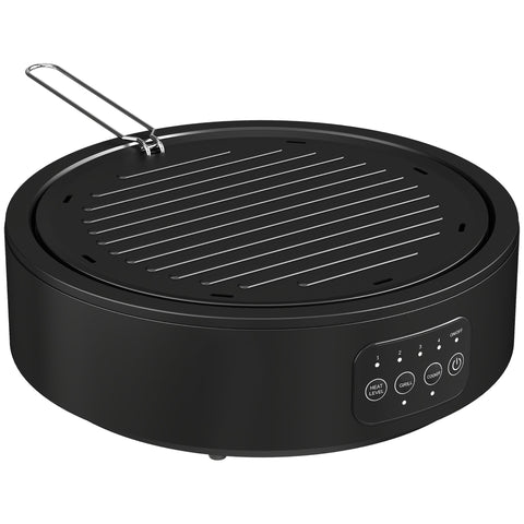 Black circular homcom electric ceramic hob with ribbed grill plate control panel and grease collector pan