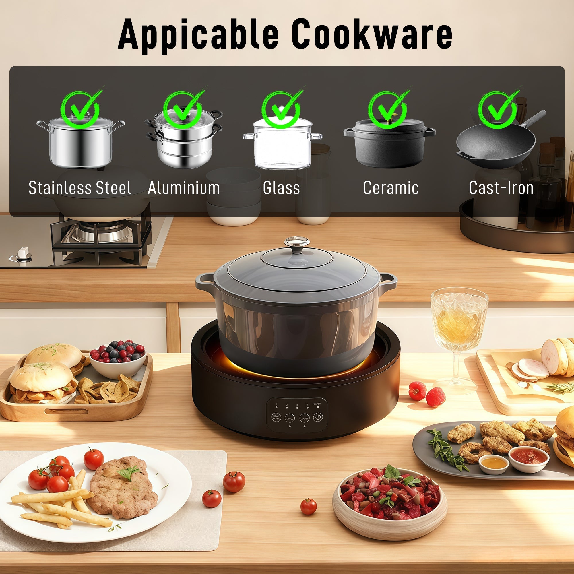 Black ceramic pot with lid on homcom ceramic hob with smooth glass surface and grease collector pan