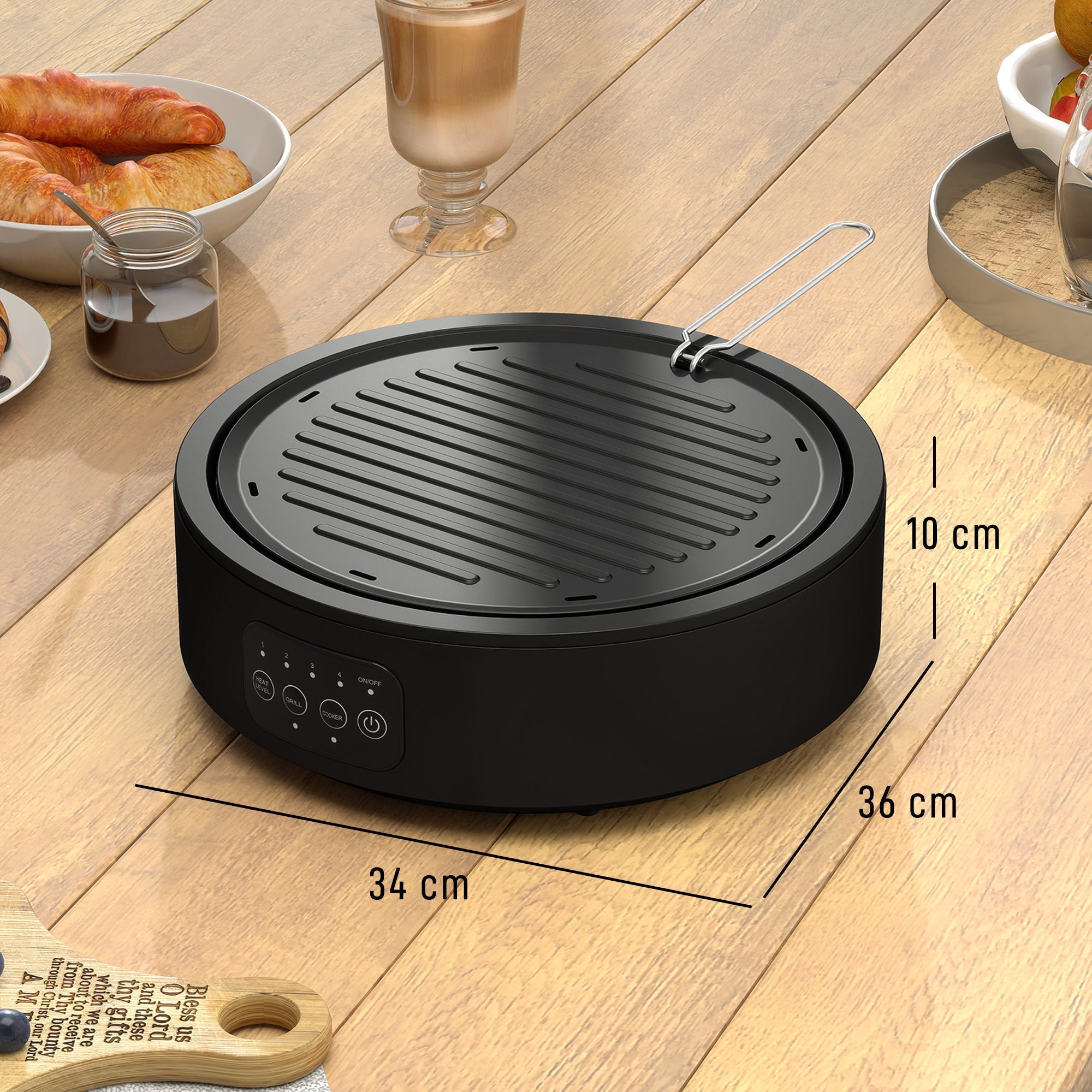 Black circular electric ceramic hob grill with ribbed surface control panel and grease collector pan side view
