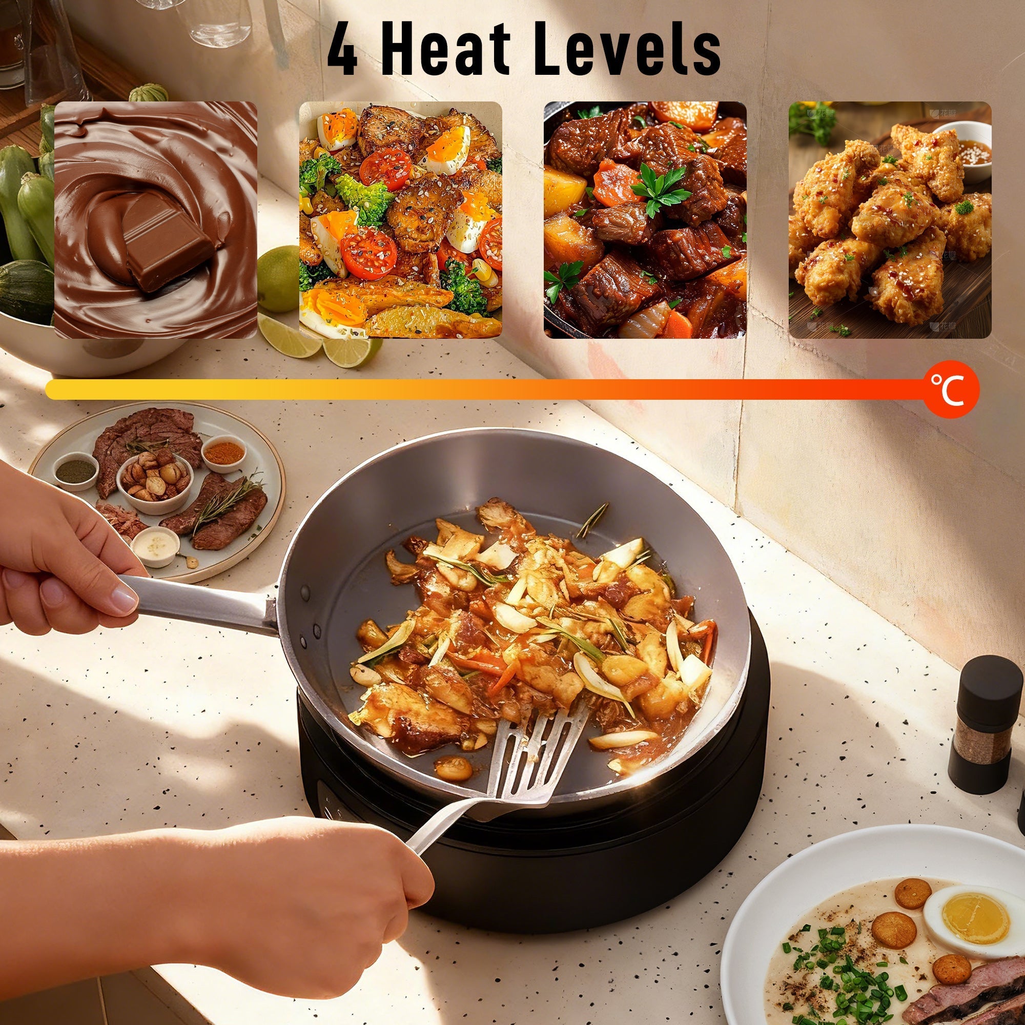 Black non-stick frying pan with silver handle cooking meat and veggies on homcom ceramic hob with smooth glass surface and grease collector pan