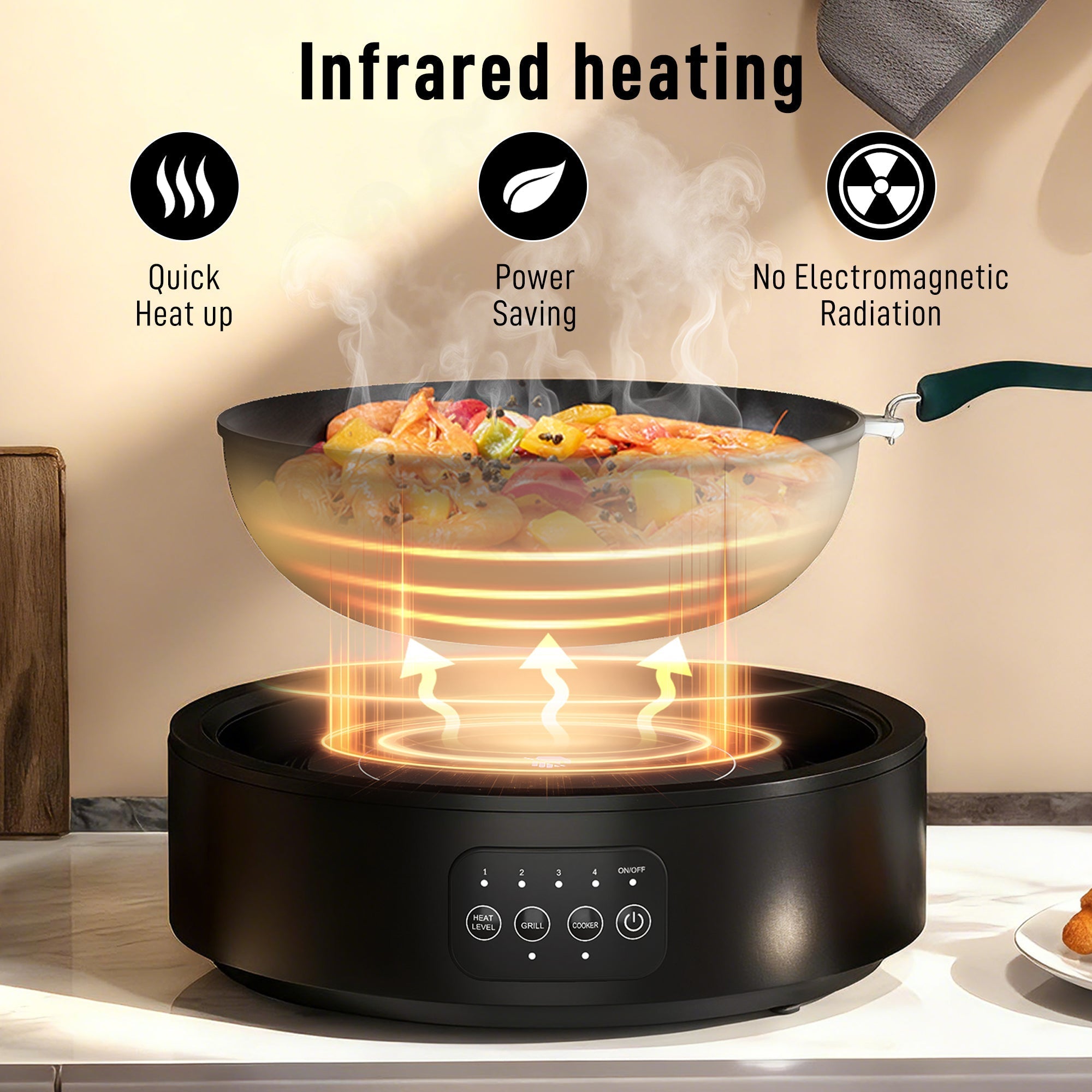 Black ceramic hob with smooth glass surface and grease collector pan featuring heat control buttons and frying pan on top