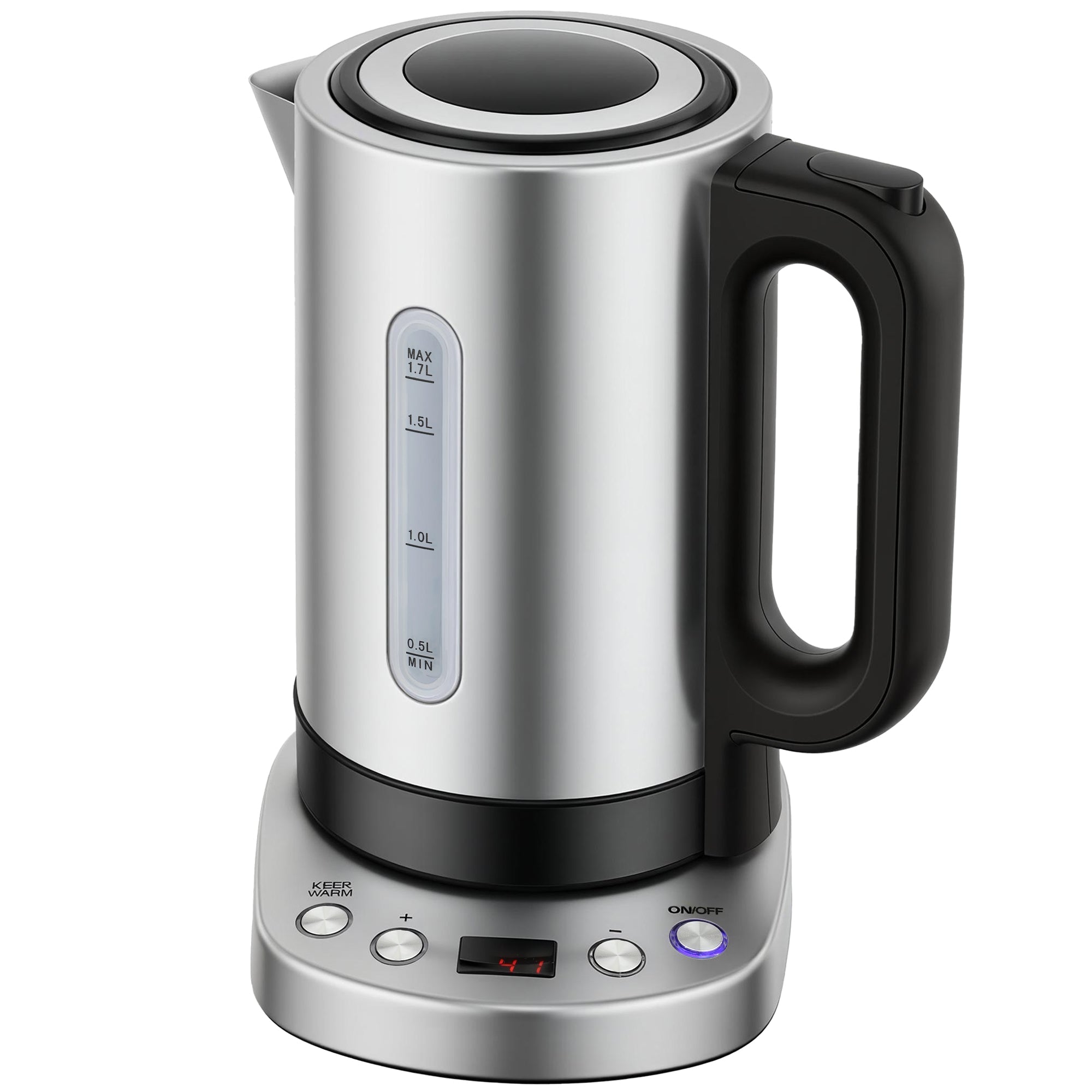 Homcom stainless steel electric kettle with black handle, digital display, volume markings, and warm function