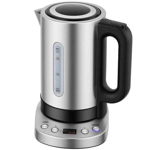 Homcom stainless steel electric kettle with black handle, digital display, volume markings, and warm function