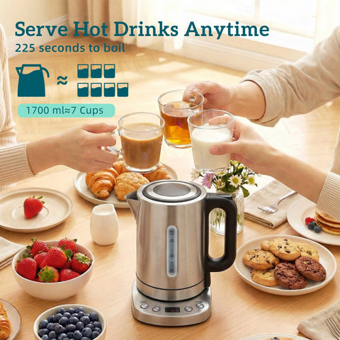 Stainless steel homcom electric kettle with black handle and base featuring warm function and fast boil controls
