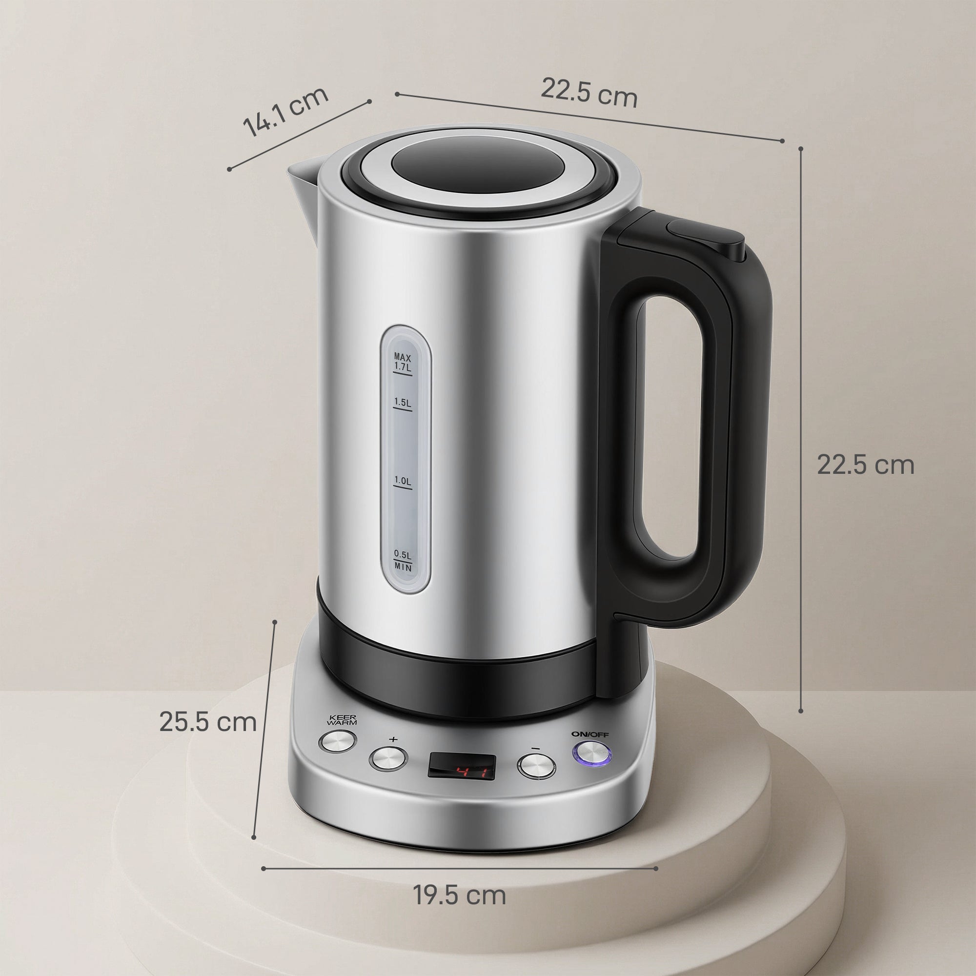 Silver stainless steel homcom electric kettle with black handle lcd base warm function and measurement markings