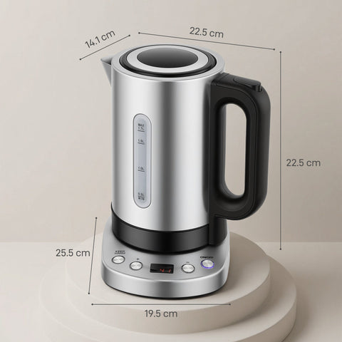 Silver stainless steel homcom electric kettle with black handle lcd base warm function and measurement markings