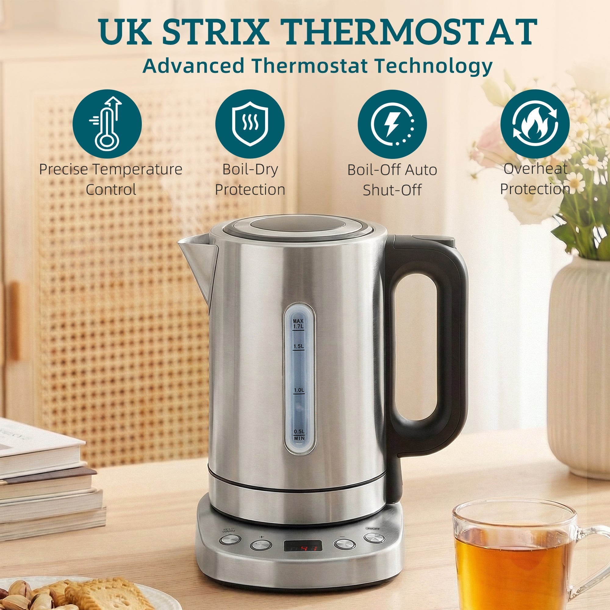 Stainless steel homcom electric kettle with uk strix thermostat black handle and lcd base warm function
