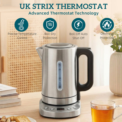 Stainless steel homcom electric kettle with uk strix thermostat black handle and lcd base warm function