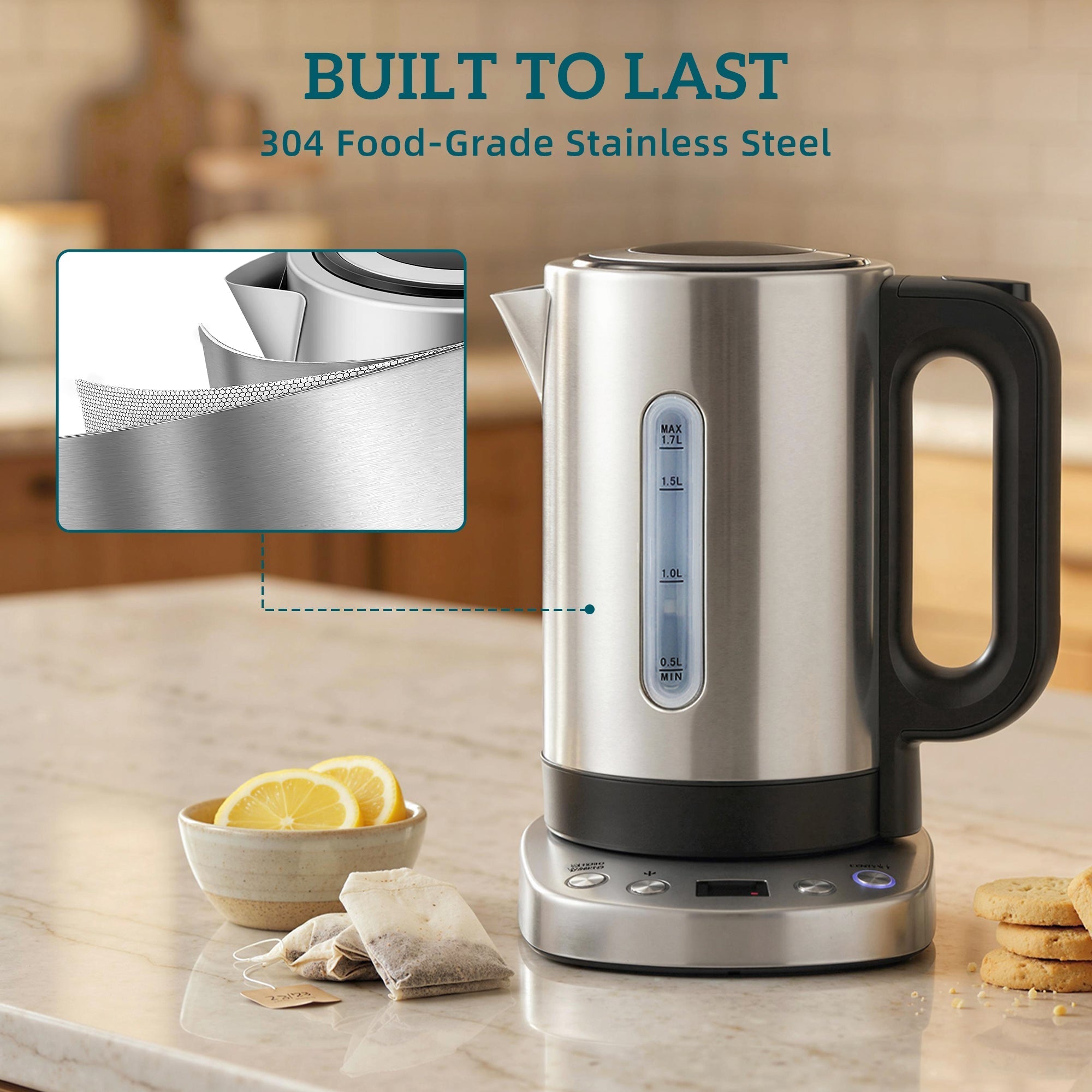 Stainless steel homcom electric kettle with black handle and base fast boil 1.7l warm function and water level indicator