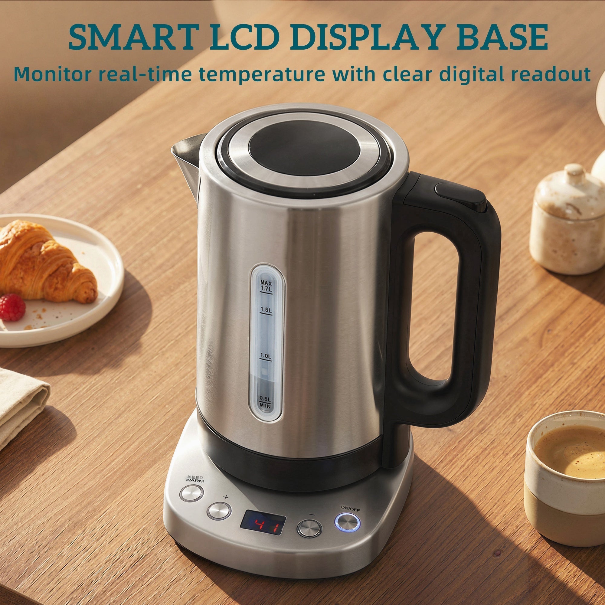 Stainless steel electric kettle with black handle and lcd display for temperature monitoring and warm function