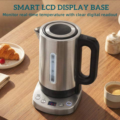 Stainless steel electric kettle with black handle and lcd display for temperature monitoring and warm function