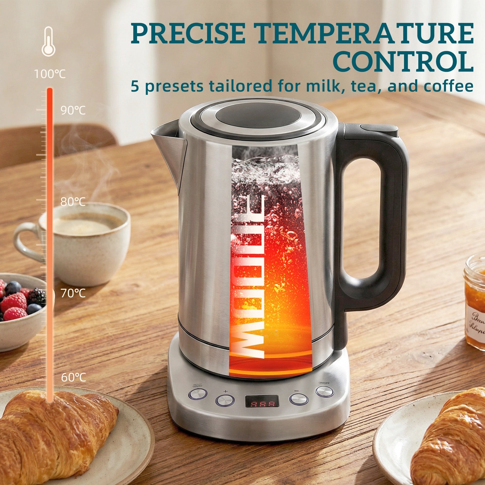 Silver miele electric kettle with black handle and stainless steel body features warm function and precise temperature control