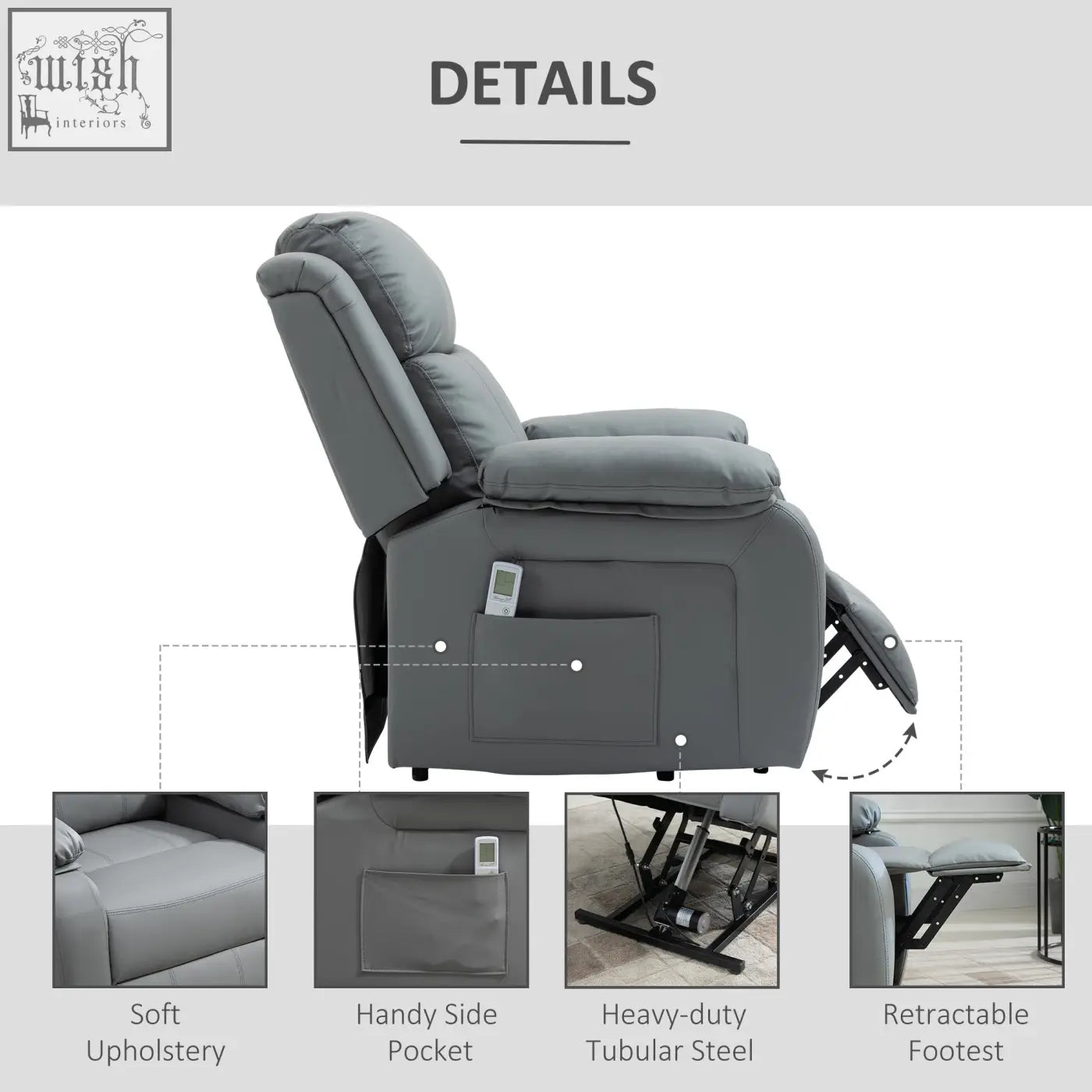 Gray leather-like homcom power lift recliner chair with eight massage points three intensity levels and side pocket