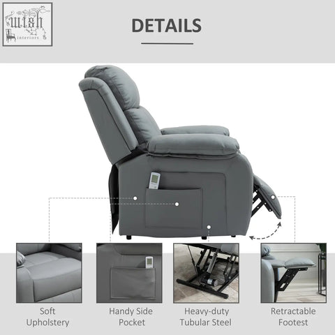 Gray leather-like homcom power lift recliner chair with eight massage points three intensity levels and side pocket