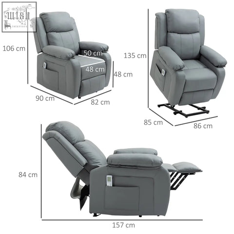 Grey homcom electric power lift recliner chair with gray leather, eight massage points, three intensity levels, and side pocket