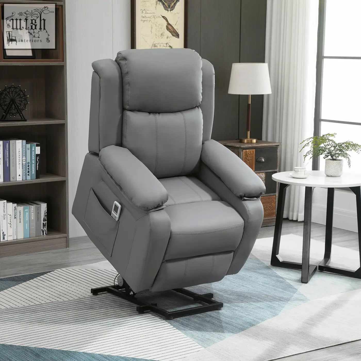 Gray leather HOMCOM electric power lift recliner chair with adjustable armrests eight massage points and three intensity levels