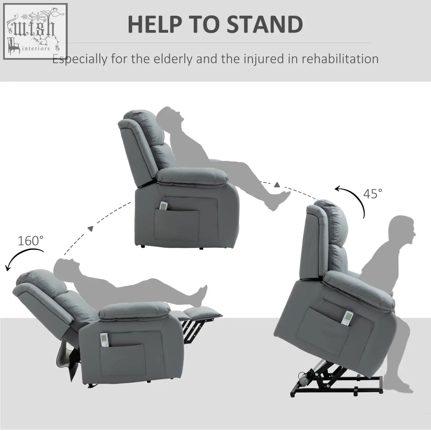 Gray upholstered homcom electric power lift recliner chair with eight massage points and three intensity levels for standing assistance