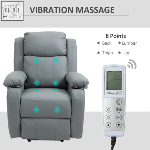 Grey homcom electric power lift recliner chair in leather with eight massage points and three intensity levels