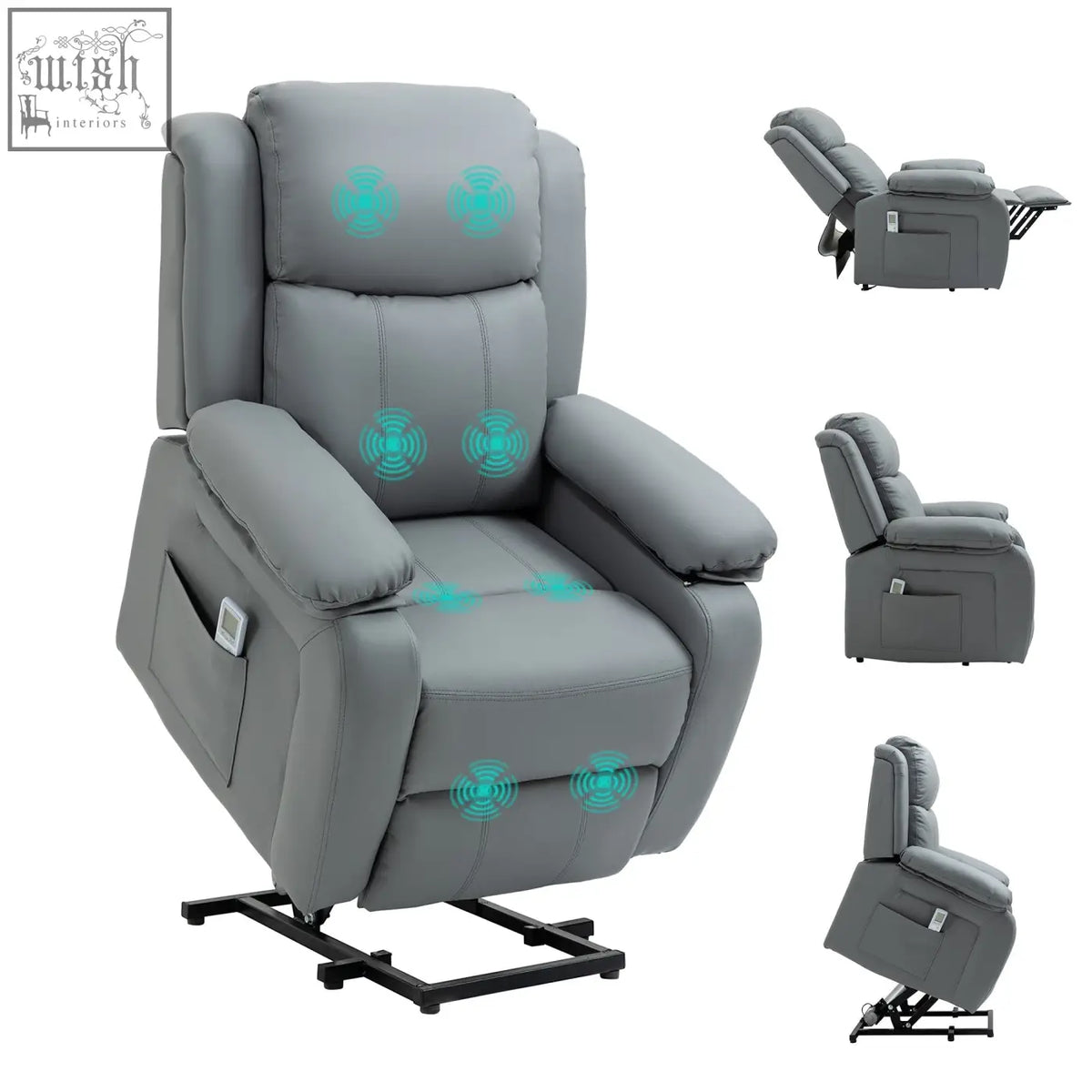 Gray leather HOMCOM electric power lift recliner chair with eight massage points three intensity levels and remote control