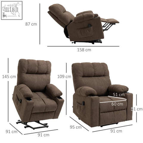 Brown upholstered homcom electric recliner chair with plush cushioning built-in cup holders and power lift feature