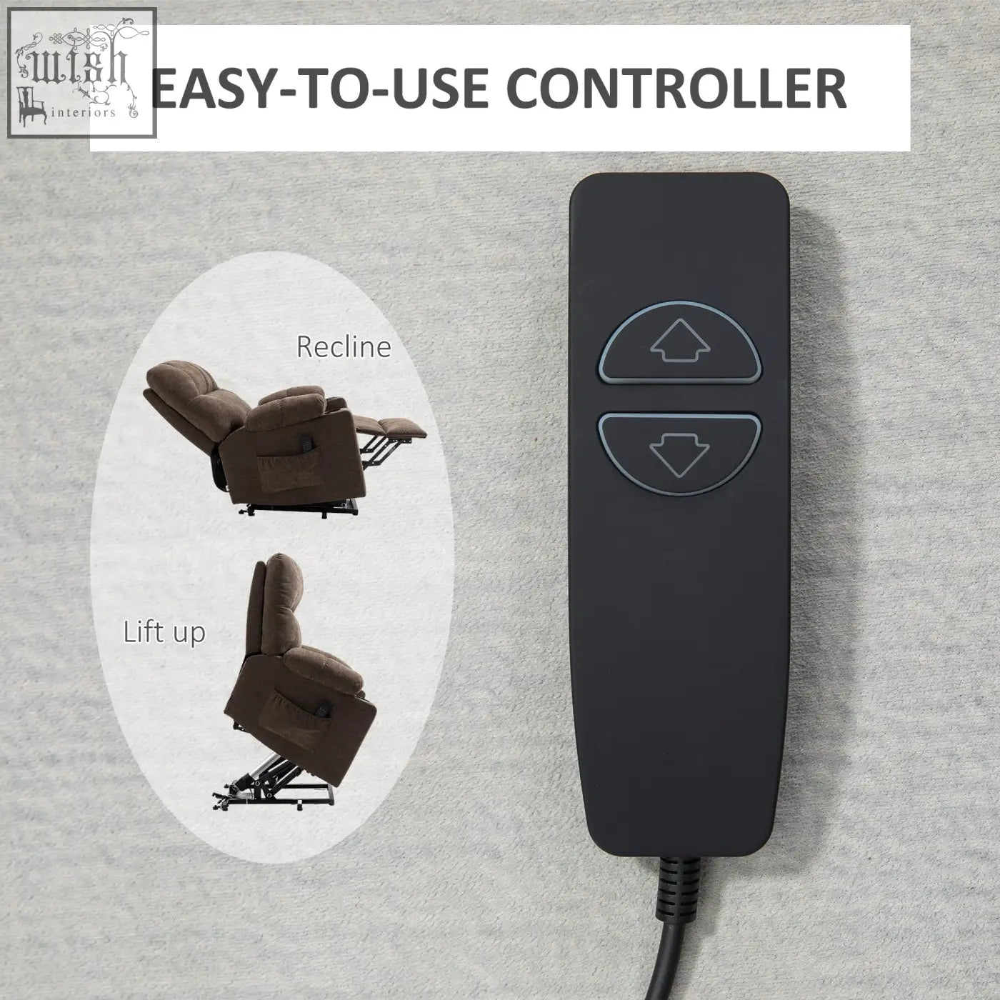 Black rectangular remote control for homcom electric dark brown lift chair with up and down recline buttons