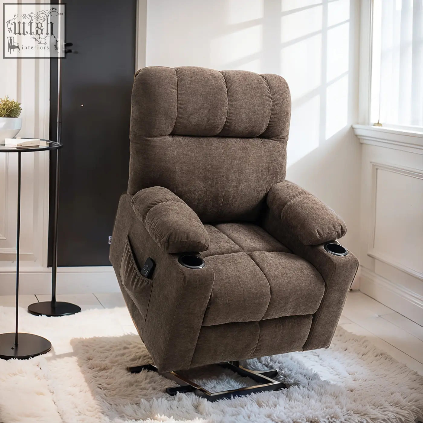 Brown corduroy homcom electric recliner chair with lift function built-in cup holders and side pockets for comfort