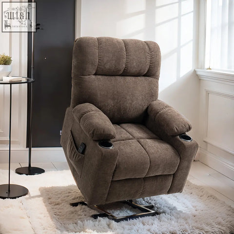 Brown corduroy homcom electric recliner chair with lift function built-in cup holders and side pockets for comfort