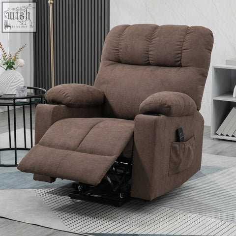 Brown fabric homcom electric recliner chair with padded armrests built-in cup holder and power lift function