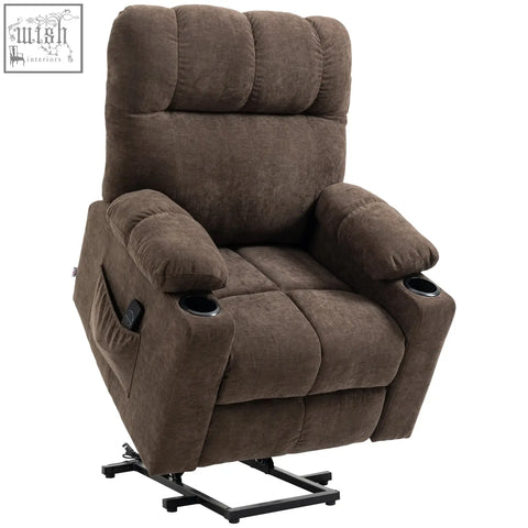 Brown plush homcom electric recliner chair with built-in cup holders and side control panel lift chair for elderly