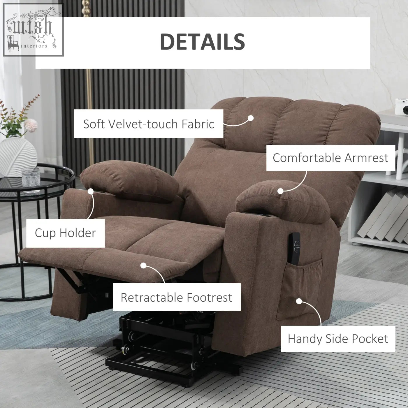 Brown homcom electric recliner chair with velvet fabric lift chair cup holder footrest and side pocket for elderly