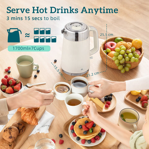 A sleek white electric kettle with stainless steel lid and handle featuring strix thermostat from homcom toaster set