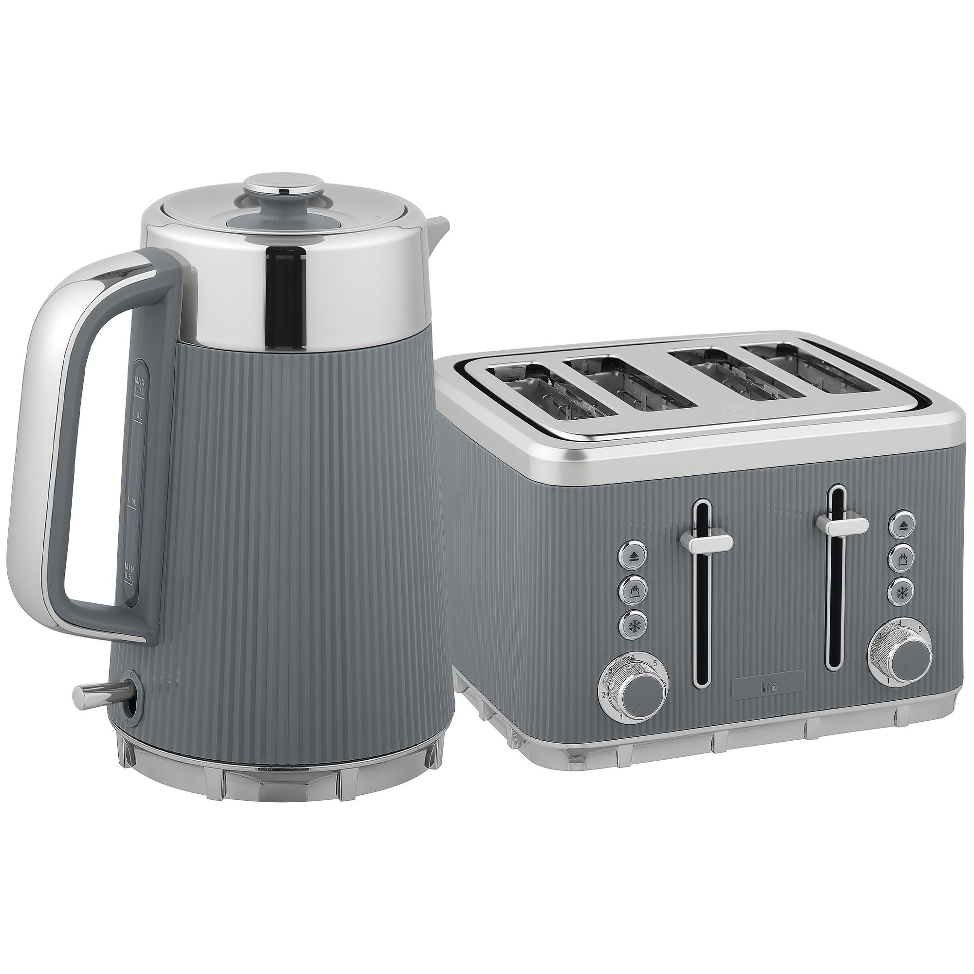 Gray electric kettle with brushed silver lid and handle featuring vertical ribbed texture in homcom toaster set with strix thermostat and browning levels