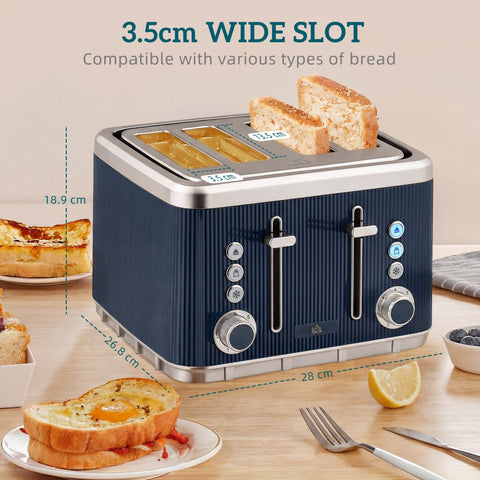Navy blue ribbed four slice toaster with silver accents and strix thermostat from homcom dark blue toaster set