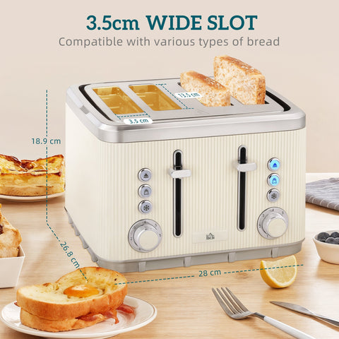 Cream-colored ribbed four-slice toaster with silver accents and 7 browning levels in homcom toaster set with strix thermostat