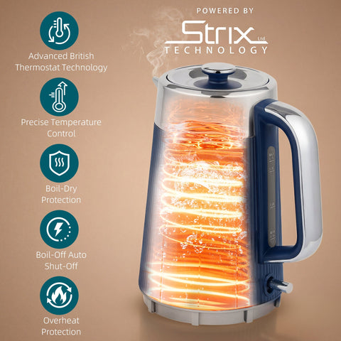 Homcom electric stainless steel kettle in dark blue with strix thermostat and glowing orange heating element visible