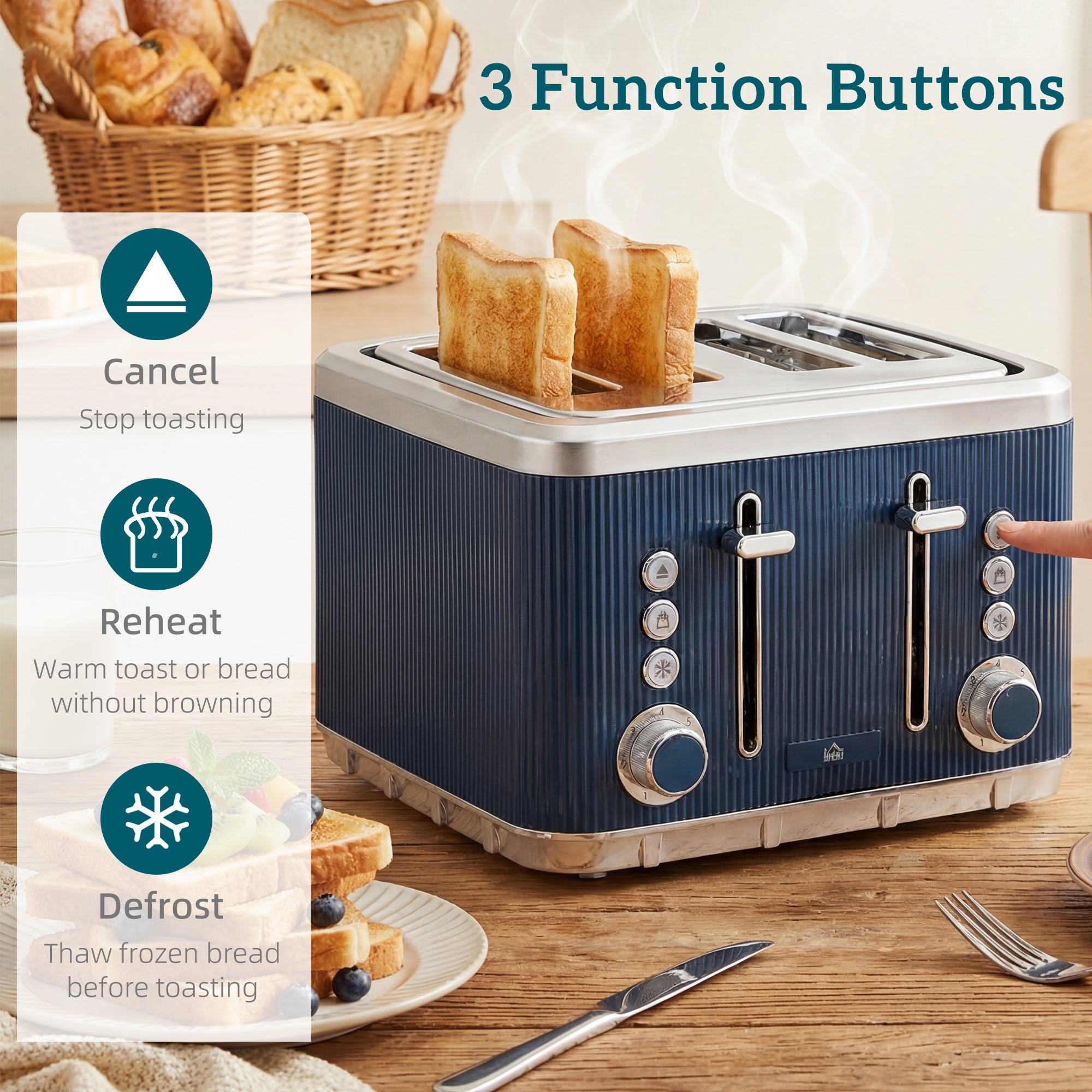 Blue ribbed stainless steel toaster with silver accents and three function buttons in dark blue with strix thermostat