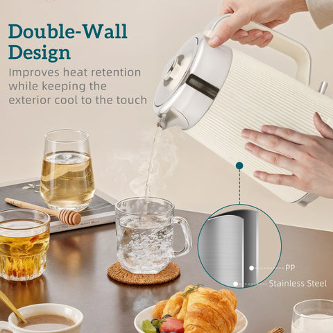 Cream-colored homcom electric kettle with ribbed stainless steel double wall and strix thermostat for fast boil