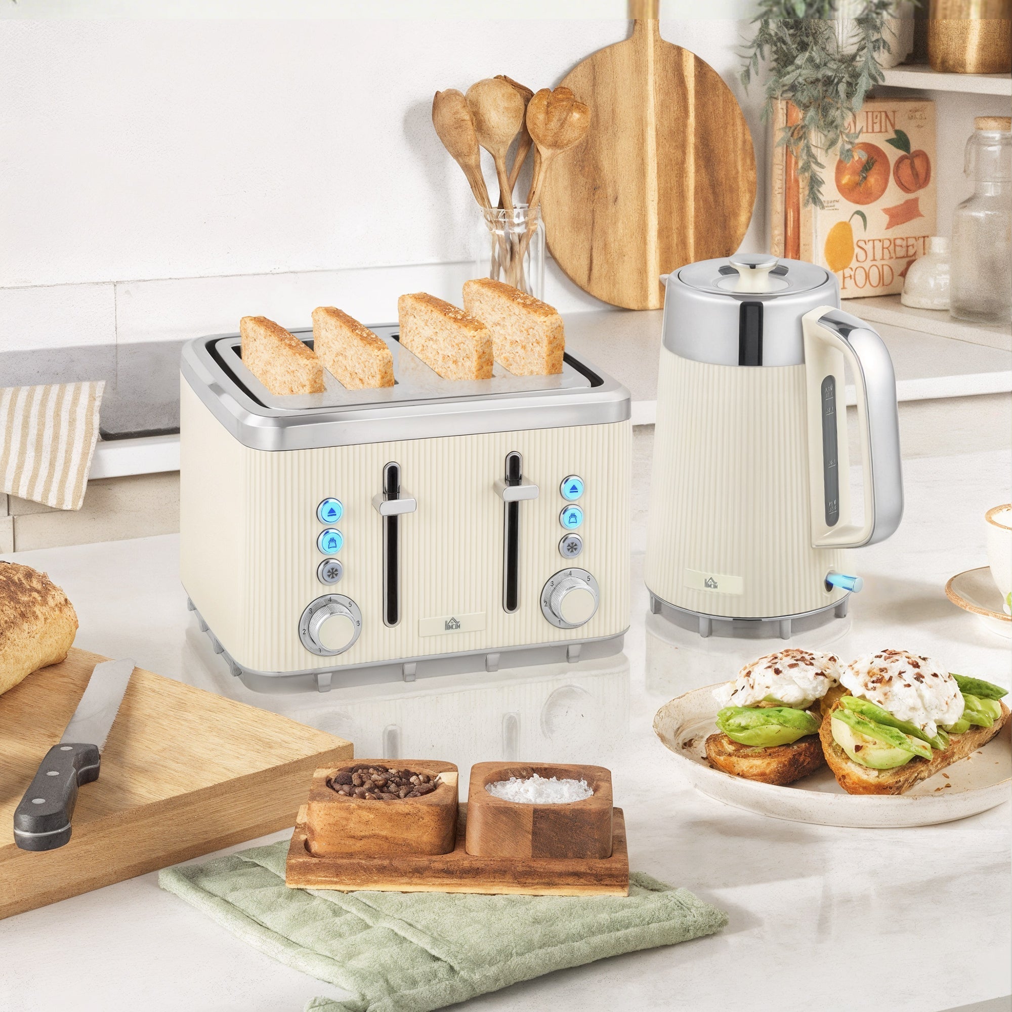 Cream-colored ribbed four-slice toaster with silver accents and blue-lit control buttons featuring 7 browning levels and strix thermostat