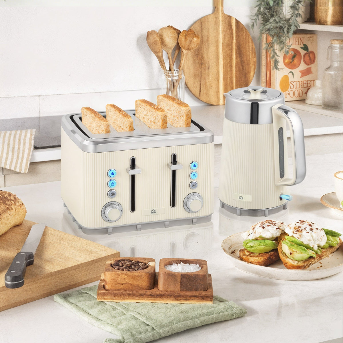 Cream-colored ribbed four-slice toaster with silver accents and blue-lit control buttons featuring 7 browning levels and strix thermostat